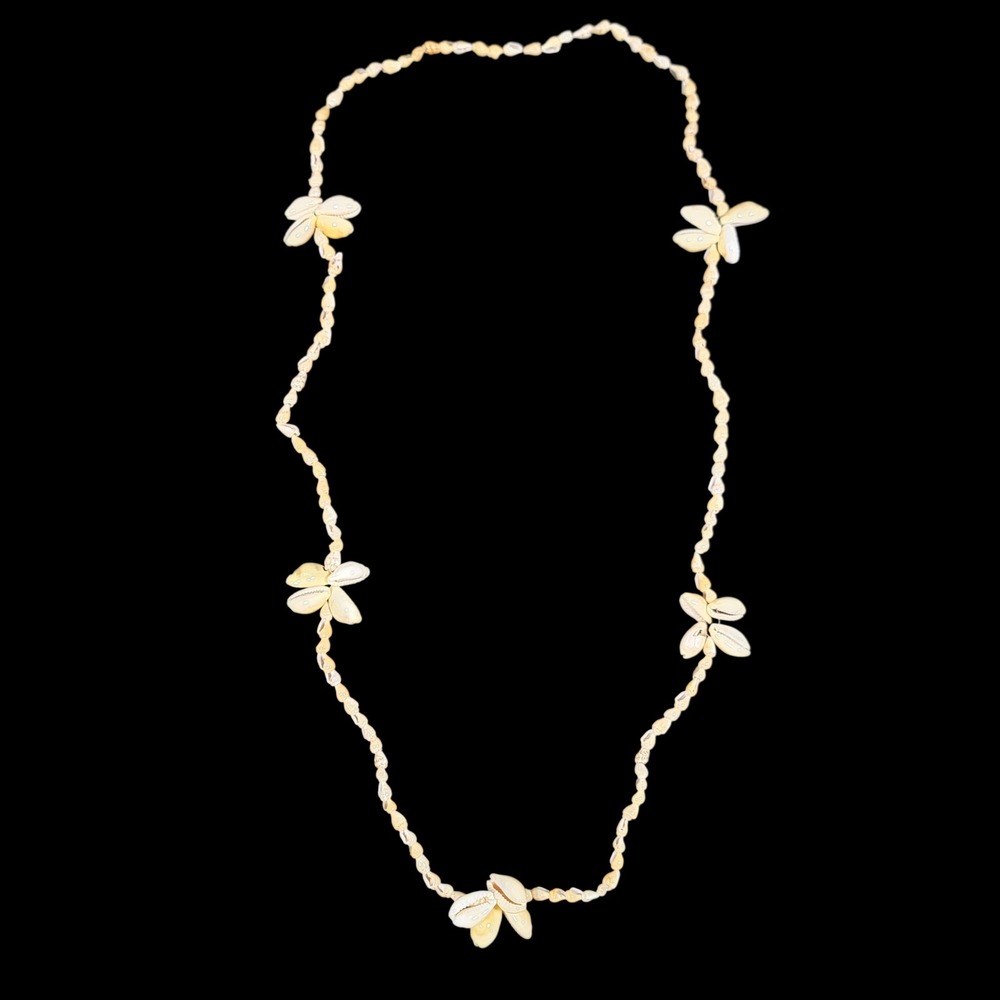 VTG 70s 80s‎ Money Cowrie & Nassarius Shell Flower Necklace 34" Boho Beachy
